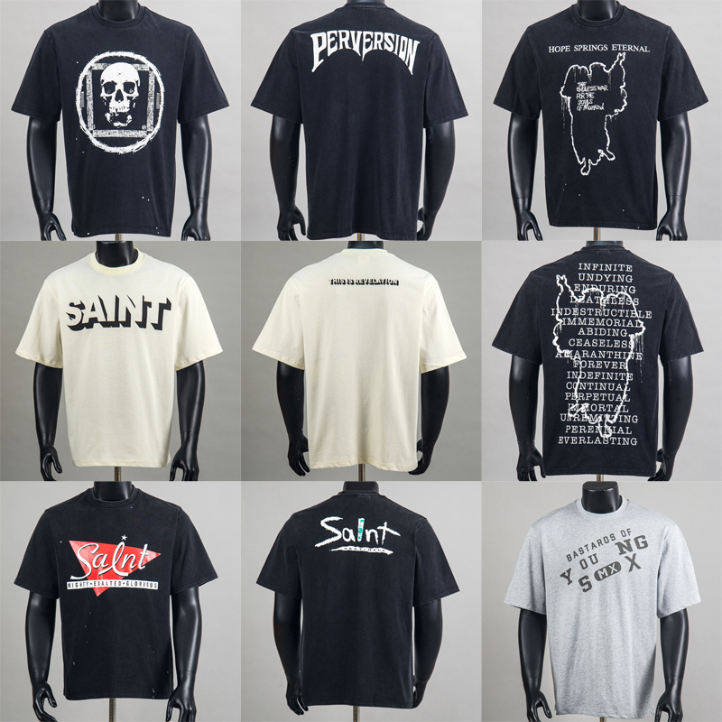 Streetwear Brand Trends - เสื้อยืดแบรนด์สตรีทแวร์สไตล์อเมริกันเรโทร ลุคซักฟอกขาดๆ แบบ Saint คุณภาพสูง แฟชั่นอเนกประสงค์